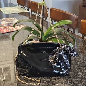 Christian Dior Black Patent Leather Clutch wCrossbody Chain & Twilly Added